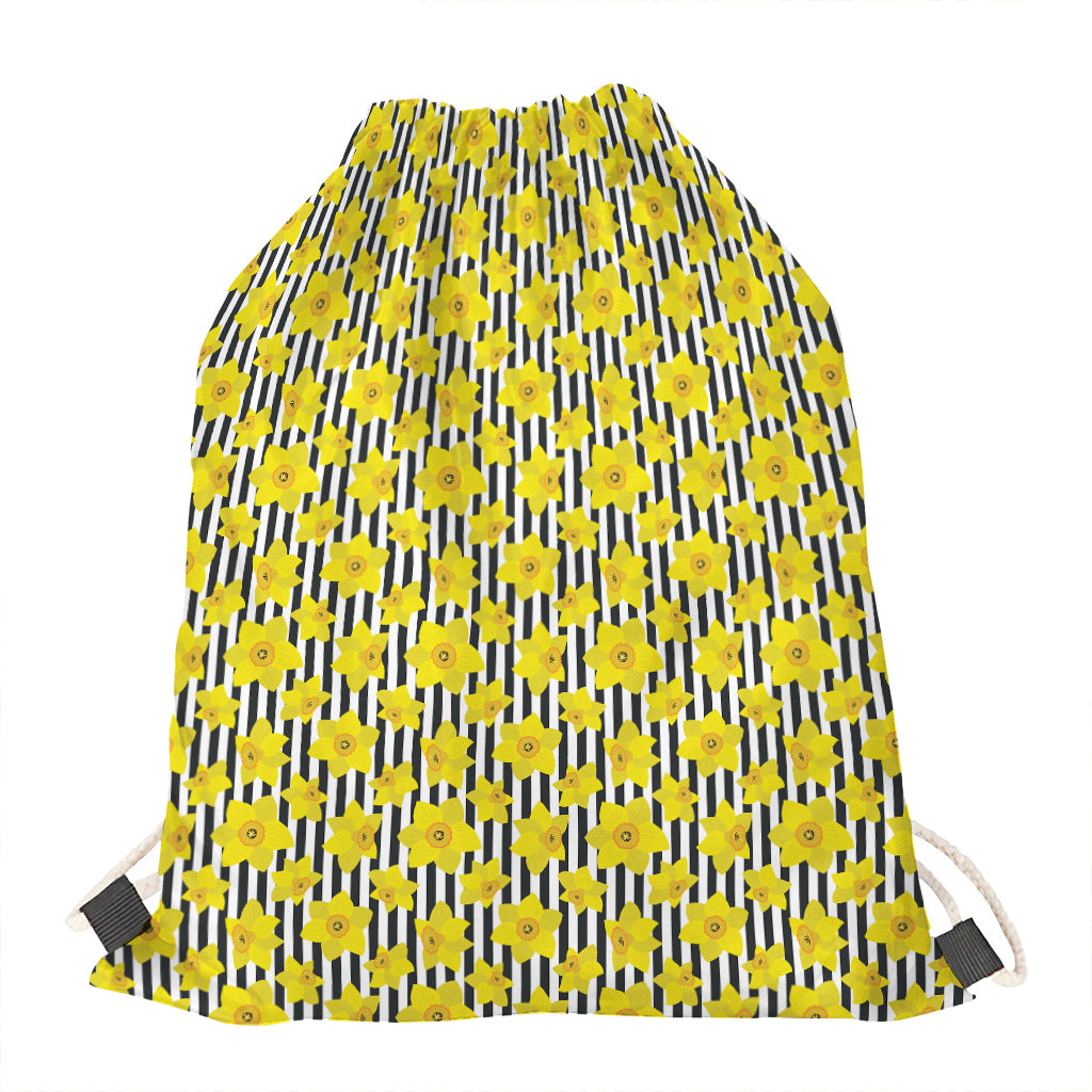 Black Striped Daffodil Pattern Print Drawstring Bag