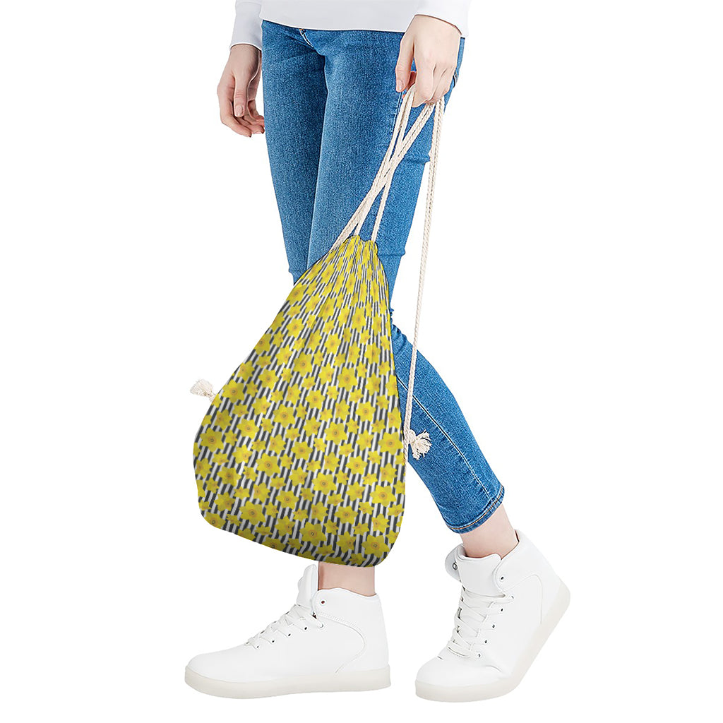 Black Striped Daffodil Pattern Print Drawstring Bag