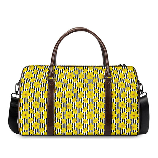 Black Striped Daffodil Pattern Print Duffle Bag