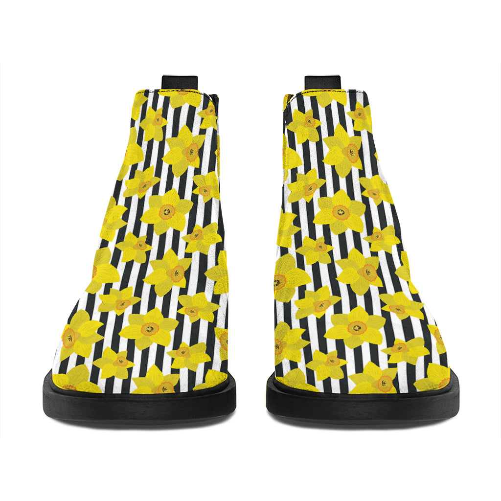 Black Striped Daffodil Pattern Print Flat Ankle Boots