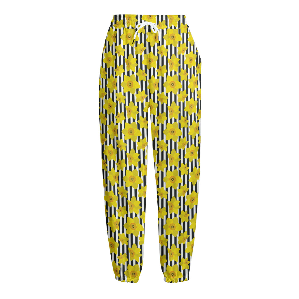 Black Striped Daffodil Pattern Print Fleece Lined Knit Pants