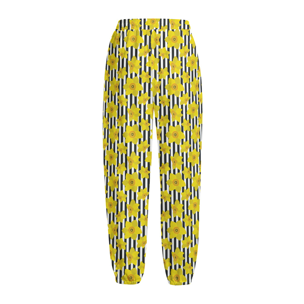 Black Striped Daffodil Pattern Print Fleece Lined Knit Pants