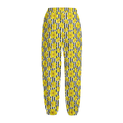Black Striped Daffodil Pattern Print Fleece Lined Knit Pants