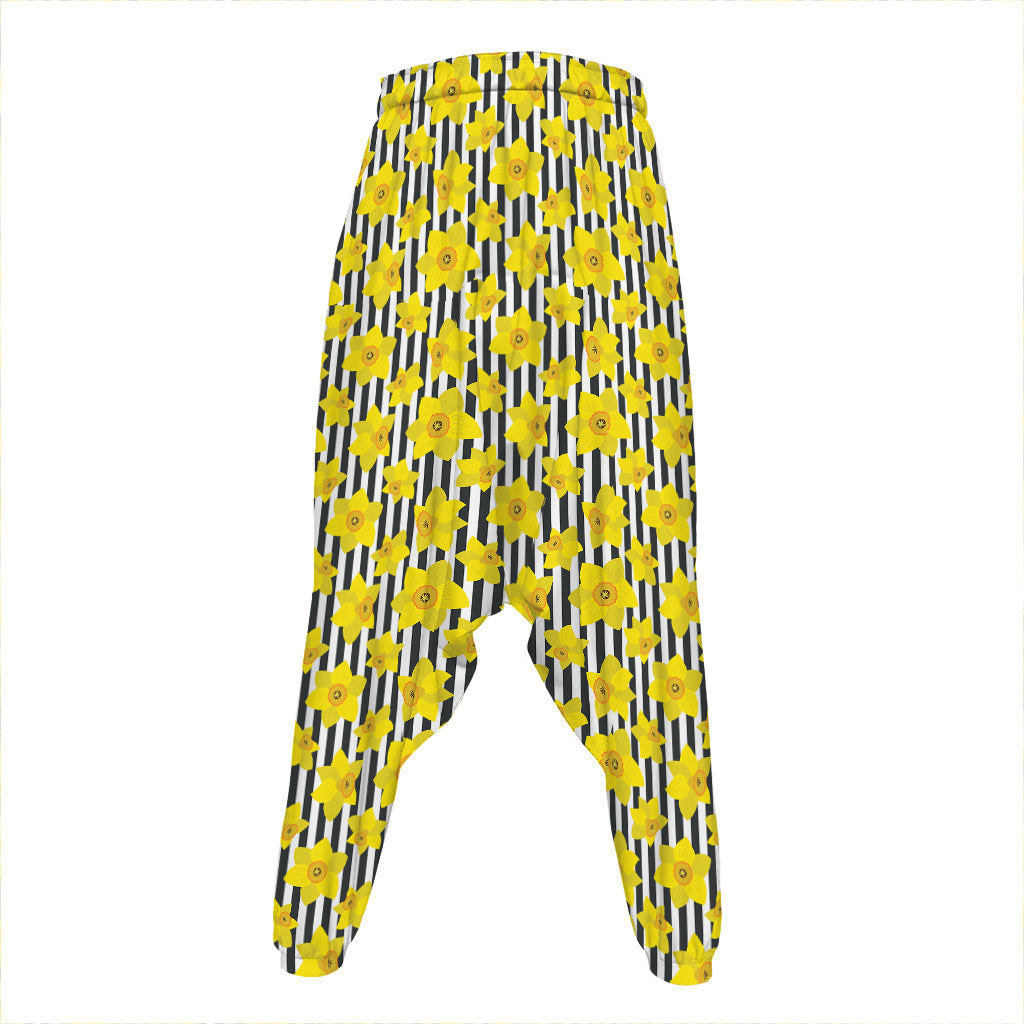 Black Striped Daffodil Pattern Print Hammer Pants