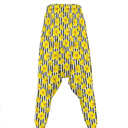 Black Striped Daffodil Pattern Print Hammer Pants