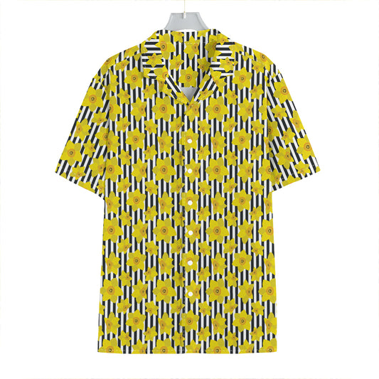 Black Striped Daffodil Pattern Print Hawaiian Shirt