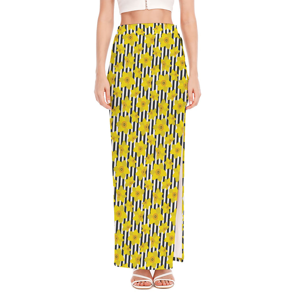 Black Striped Daffodil Pattern Print High Slit Maxi Skirt