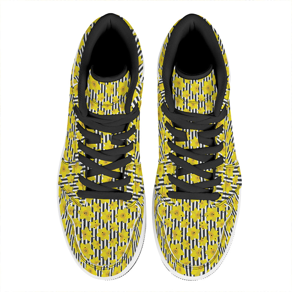 Black Striped Daffodil Pattern Print High Top Leather Sneakers