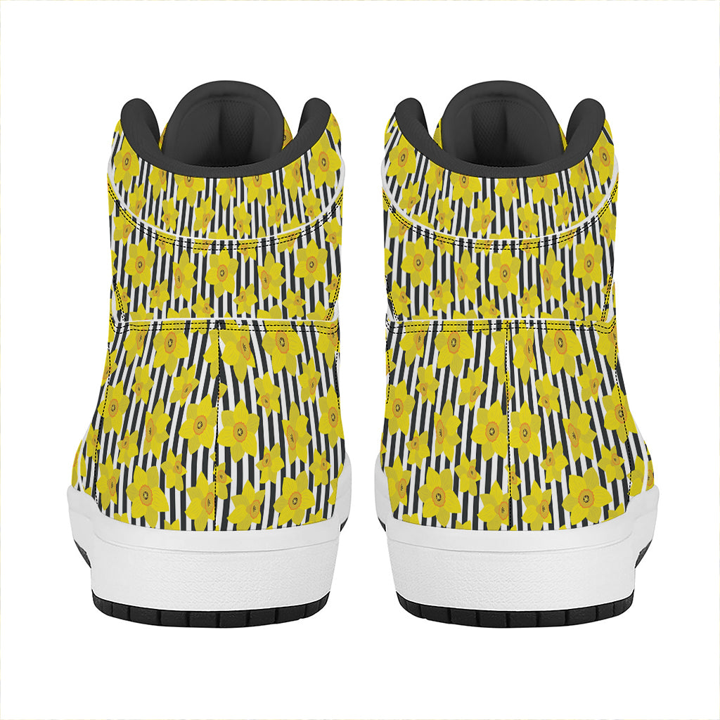 Black Striped Daffodil Pattern Print High Top Leather Sneakers