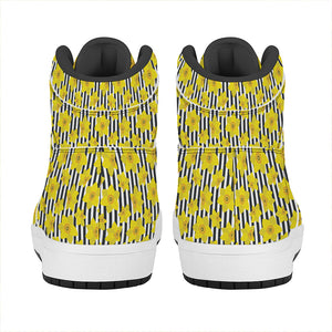 Black Striped Daffodil Pattern Print High Top Leather Sneakers