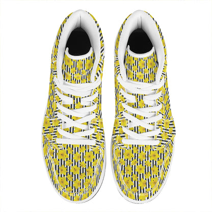 Black Striped Daffodil Pattern Print High Top Leather Sneakers