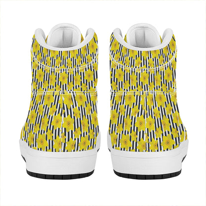 Black Striped Daffodil Pattern Print High Top Leather Sneakers