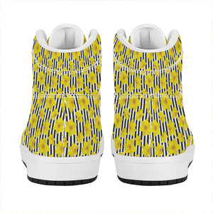 Black Striped Daffodil Pattern Print High Top Leather Sneakers