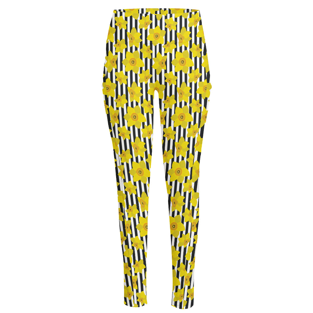 Black Striped Daffodil Pattern Print High-Waisted Pocket Leggings