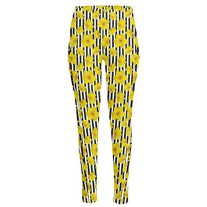 Black Striped Daffodil Pattern Print High-Waisted Pocket Leggings