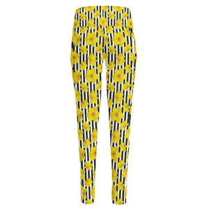 Black Striped Daffodil Pattern Print High-Waisted Pocket Leggings