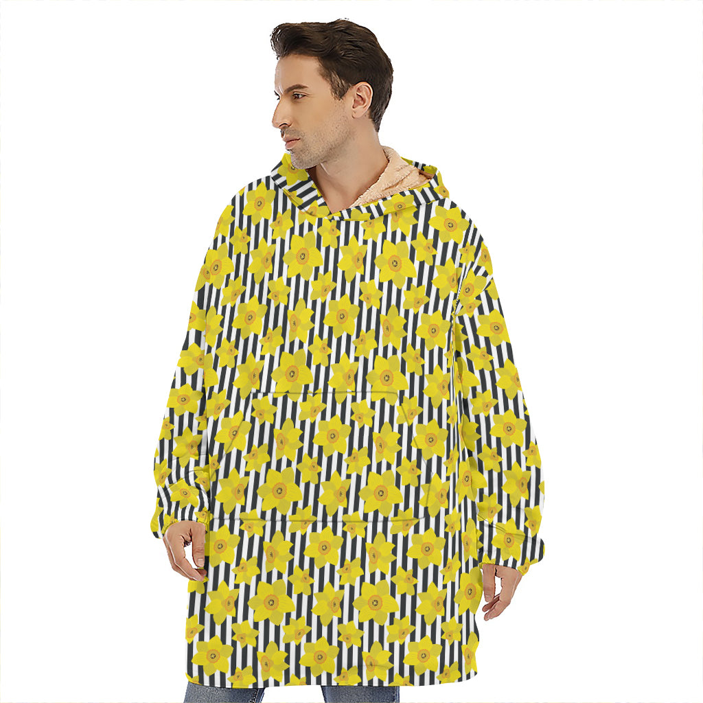 Black Striped Daffodil Pattern Print Hoodie Blanket