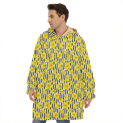 Black Striped Daffodil Pattern Print Hoodie Blanket