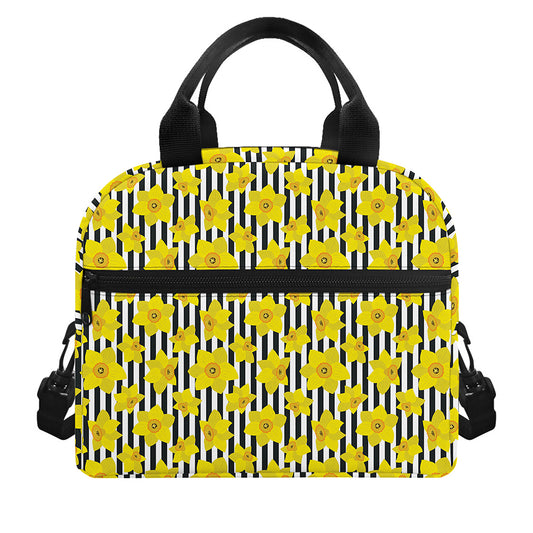 Black Striped Daffodil Pattern Print Insulated Lunch Bag