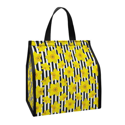 Black Striped Daffodil Pattern Print Insulated Lunch Tote