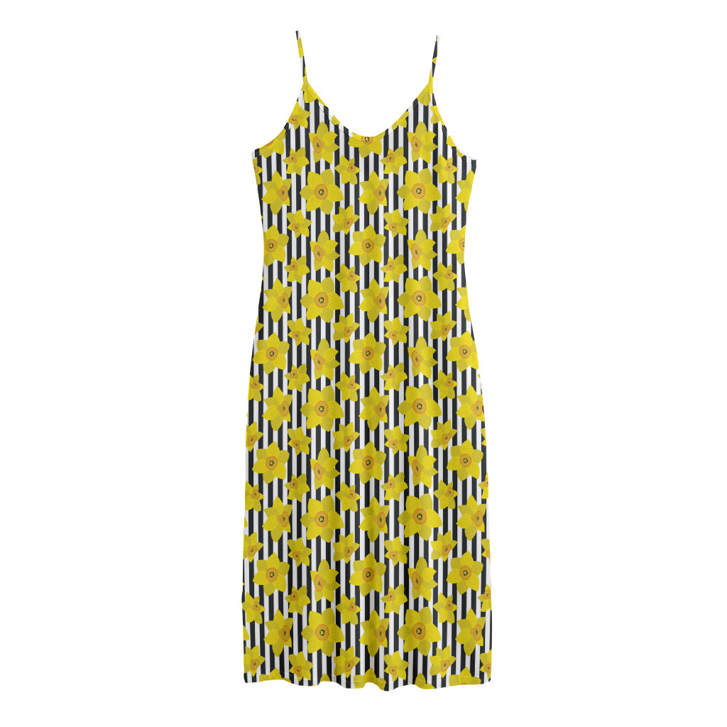 Black Striped Daffodil Pattern Print Jersey Midi Cami Dress