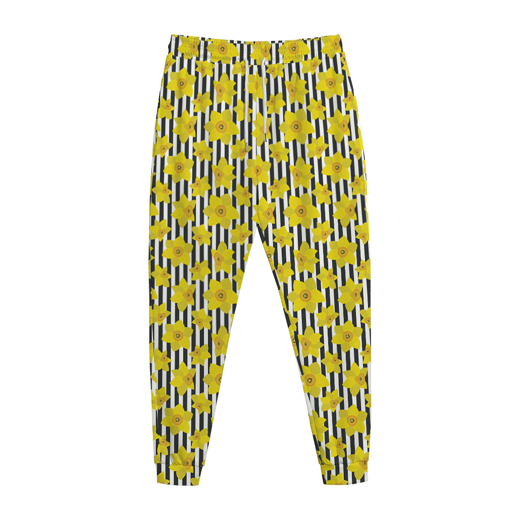 Black Striped Daffodil Pattern Print Jogger Pants