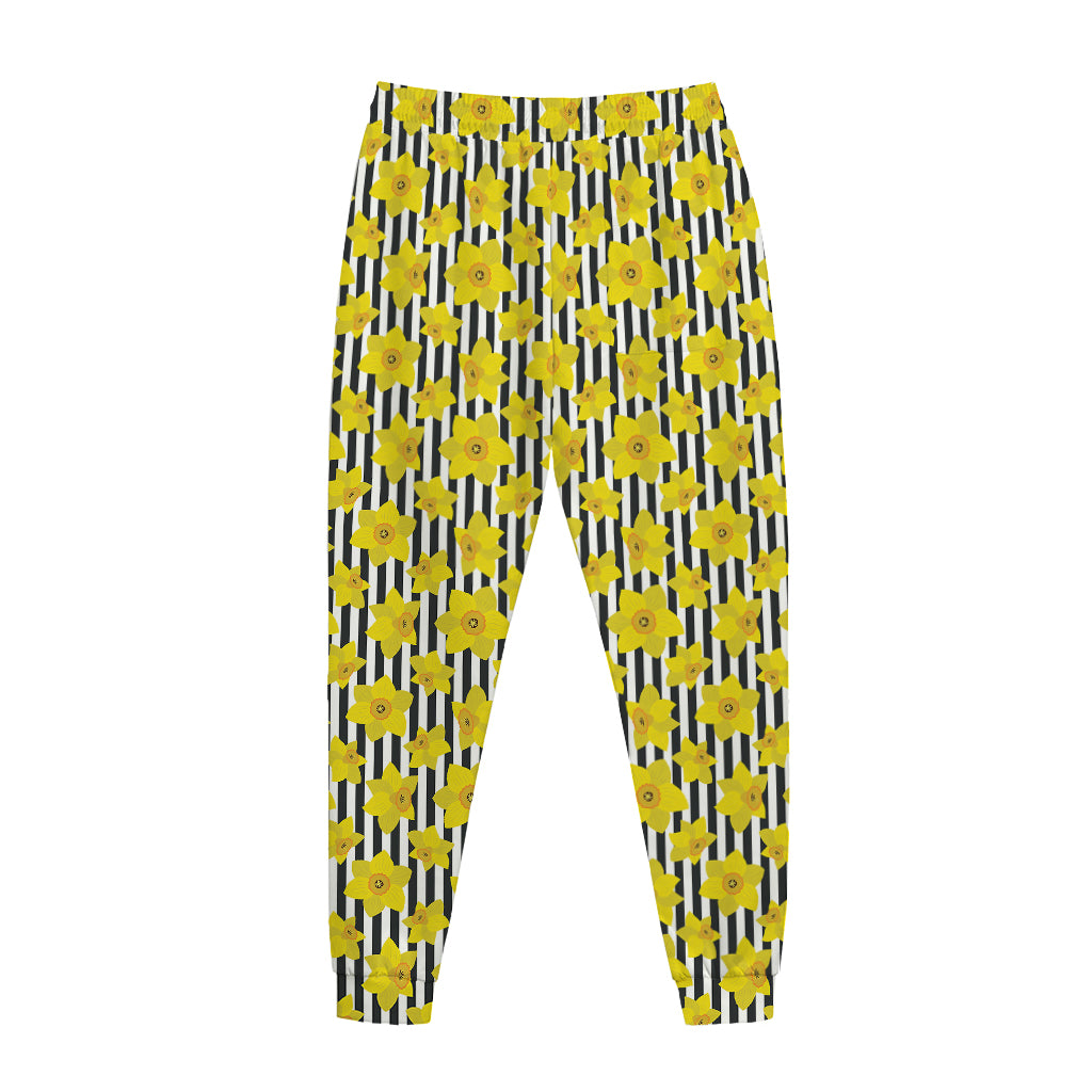 Black Striped Daffodil Pattern Print Jogger Pants