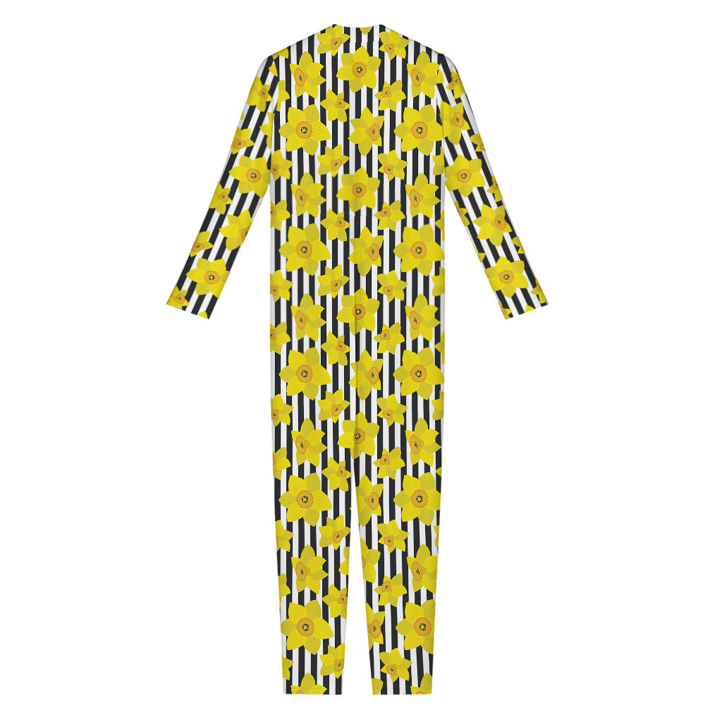Black Striped Daffodil Pattern Print Jumpsuit