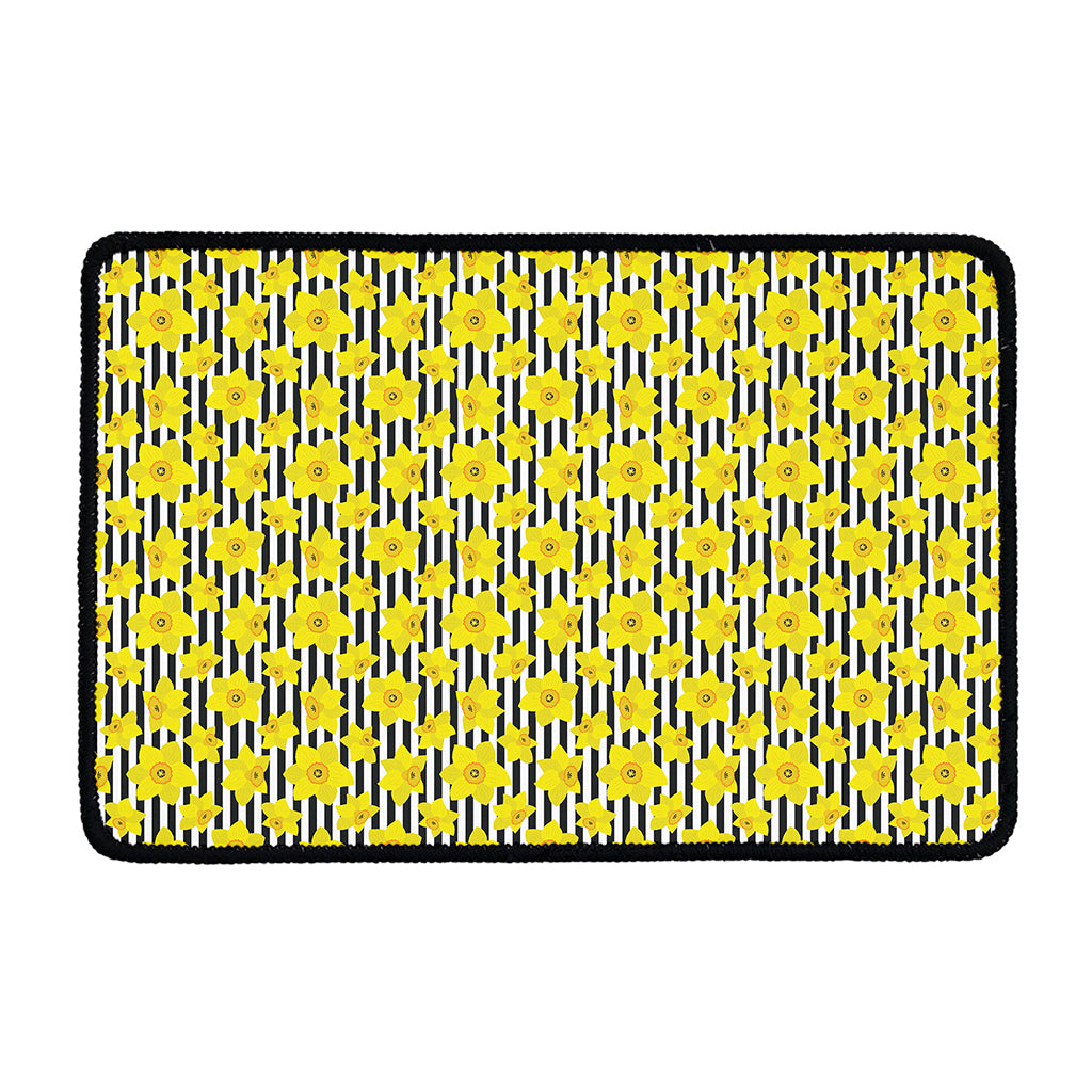 Black Striped Daffodil Pattern Print Kitchen Mat