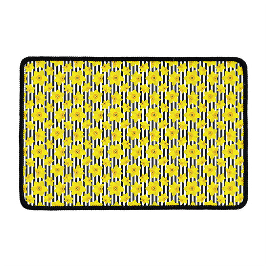 Black Striped Daffodil Pattern Print Kitchen Mat