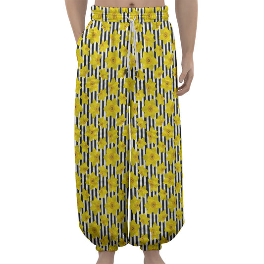 Black Striped Daffodil Pattern Print Lantern Pants