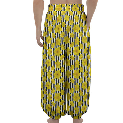 Black Striped Daffodil Pattern Print Lantern Pants