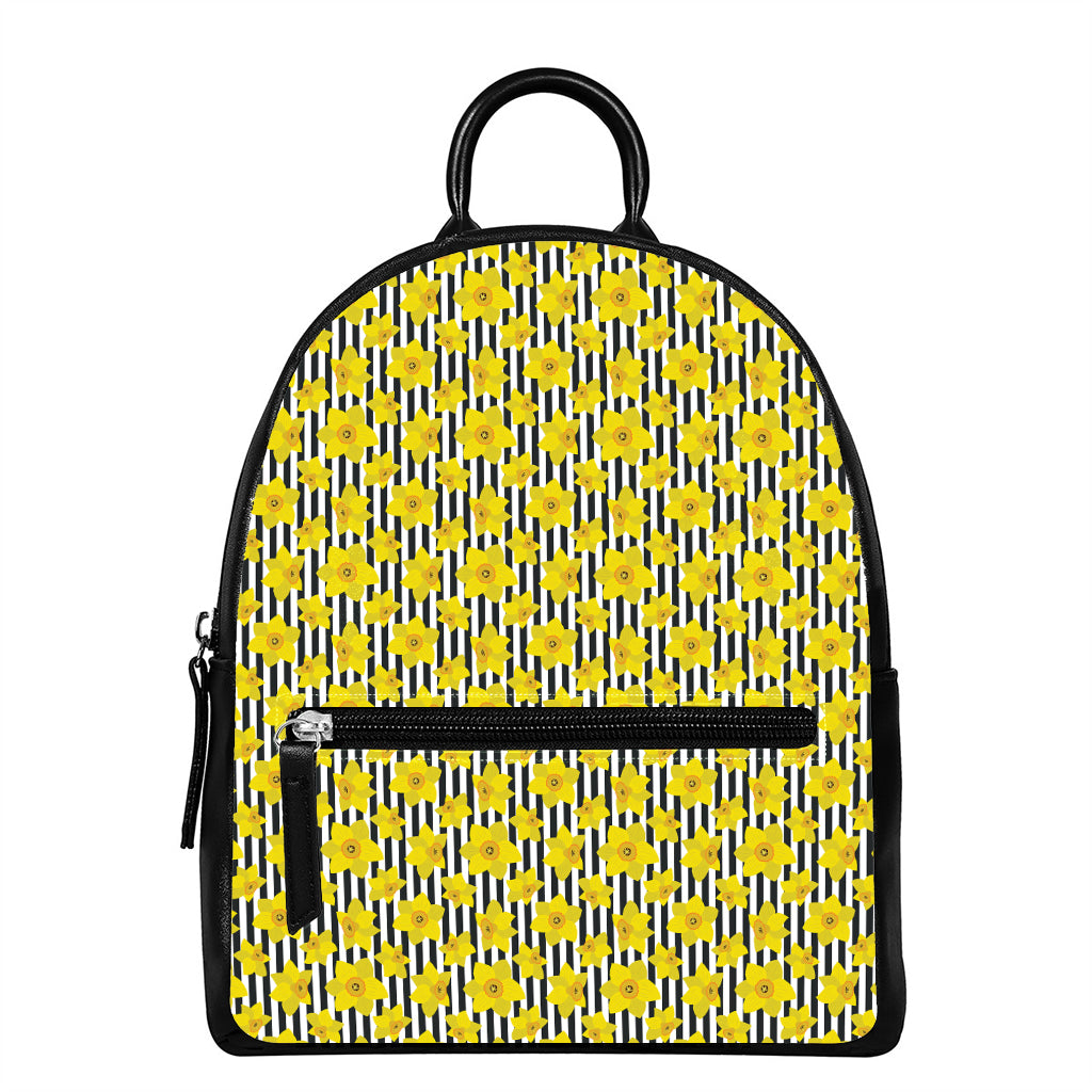 Black Striped Daffodil Pattern Print Leather Backpack