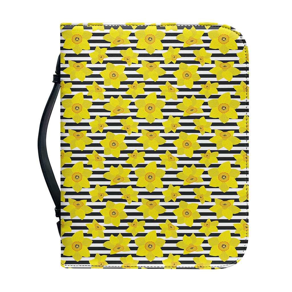 Black Striped Daffodil Pattern Print Leather Bible Cover