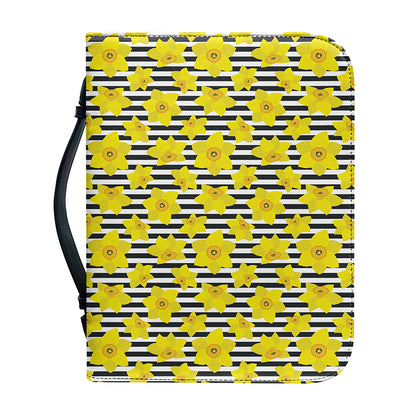 Black Striped Daffodil Pattern Print Leather Bible Cover