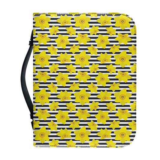 Black Striped Daffodil Pattern Print Leather Bible Cover