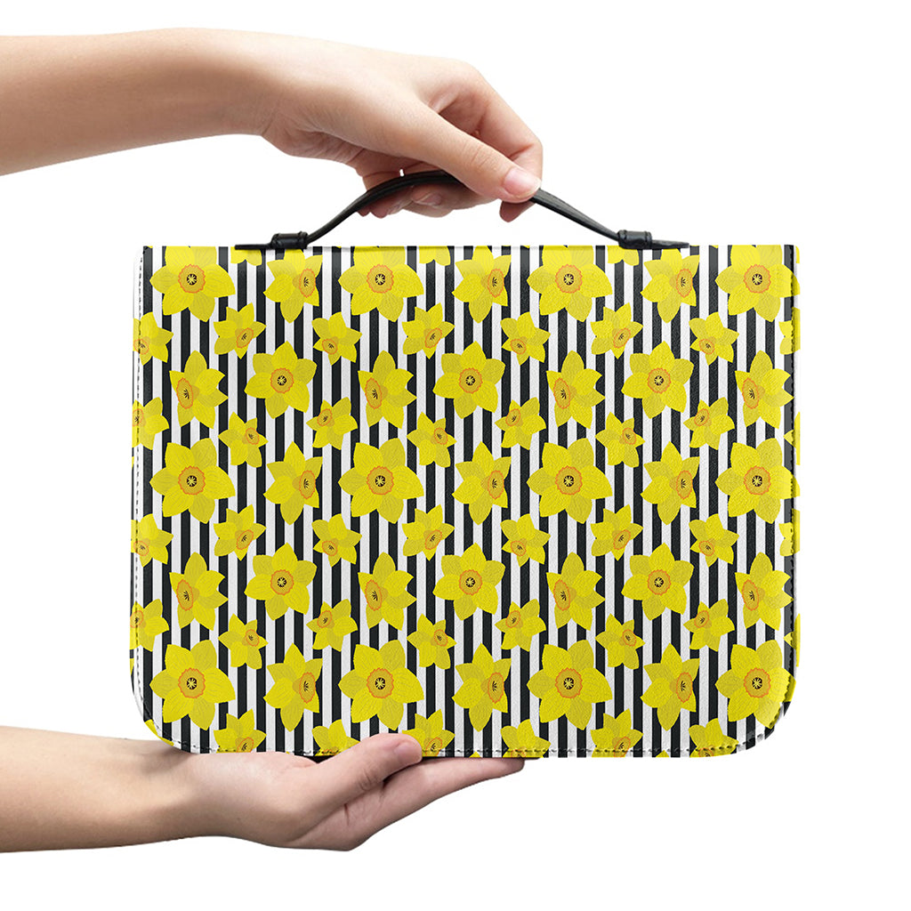Black Striped Daffodil Pattern Print Leather Bible Cover