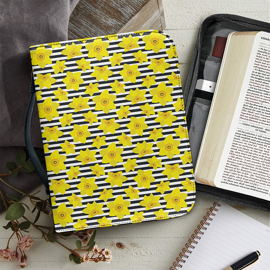 Black Striped Daffodil Pattern Print Leather Bible Cover