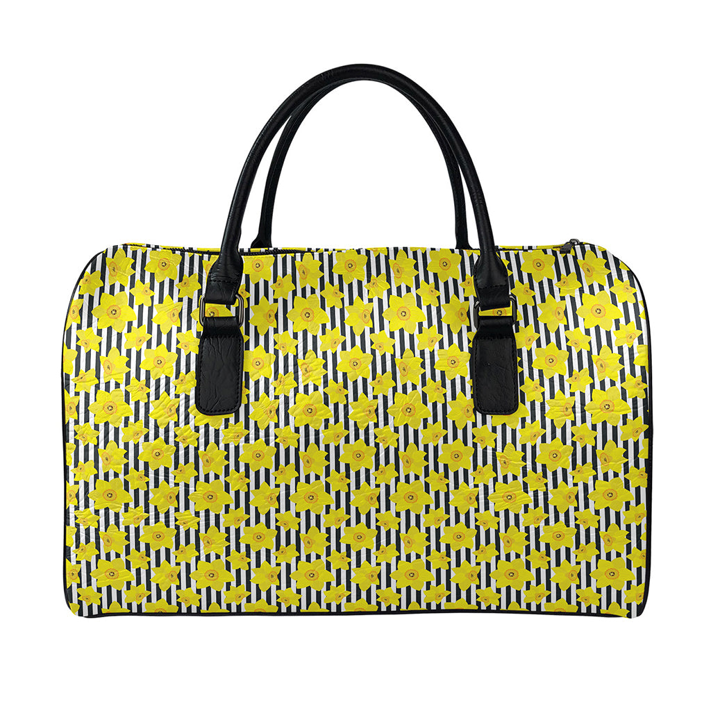 Black Striped Daffodil Pattern Print Leather Duffle Bag