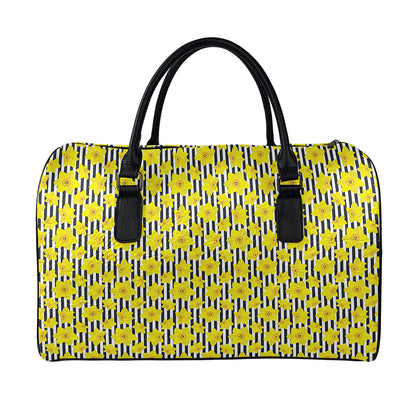 Black Striped Daffodil Pattern Print Leather Duffle Bag