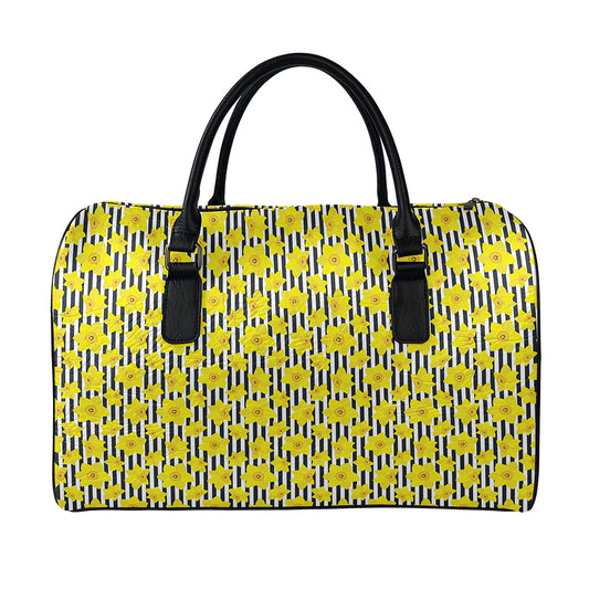 Black Striped Daffodil Pattern Print Leather Duffle Bag