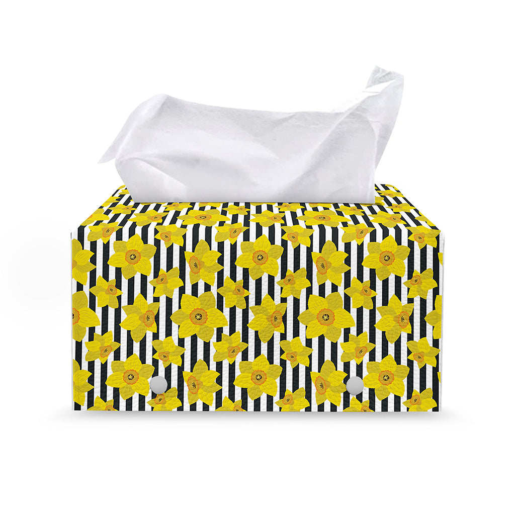 Black Striped Daffodil Pattern Print Leather Tissue Box Cover