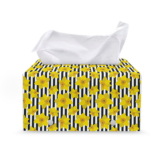 Black Striped Daffodil Pattern Print Leather Tissue Box Cover