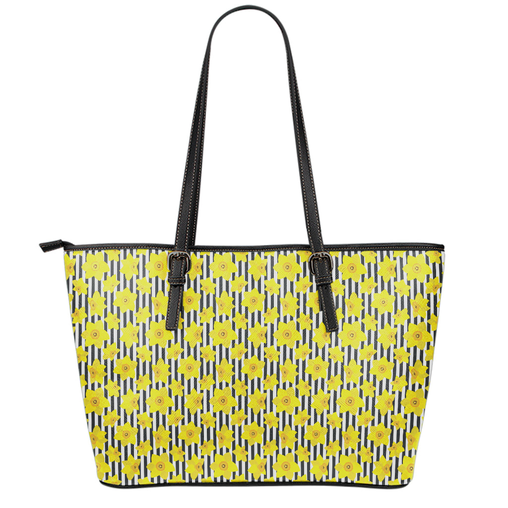 Black Striped Daffodil Pattern Print Leather Tote Bag