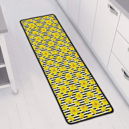 Black Striped Daffodil Pattern Print Long Kitchen Mat
