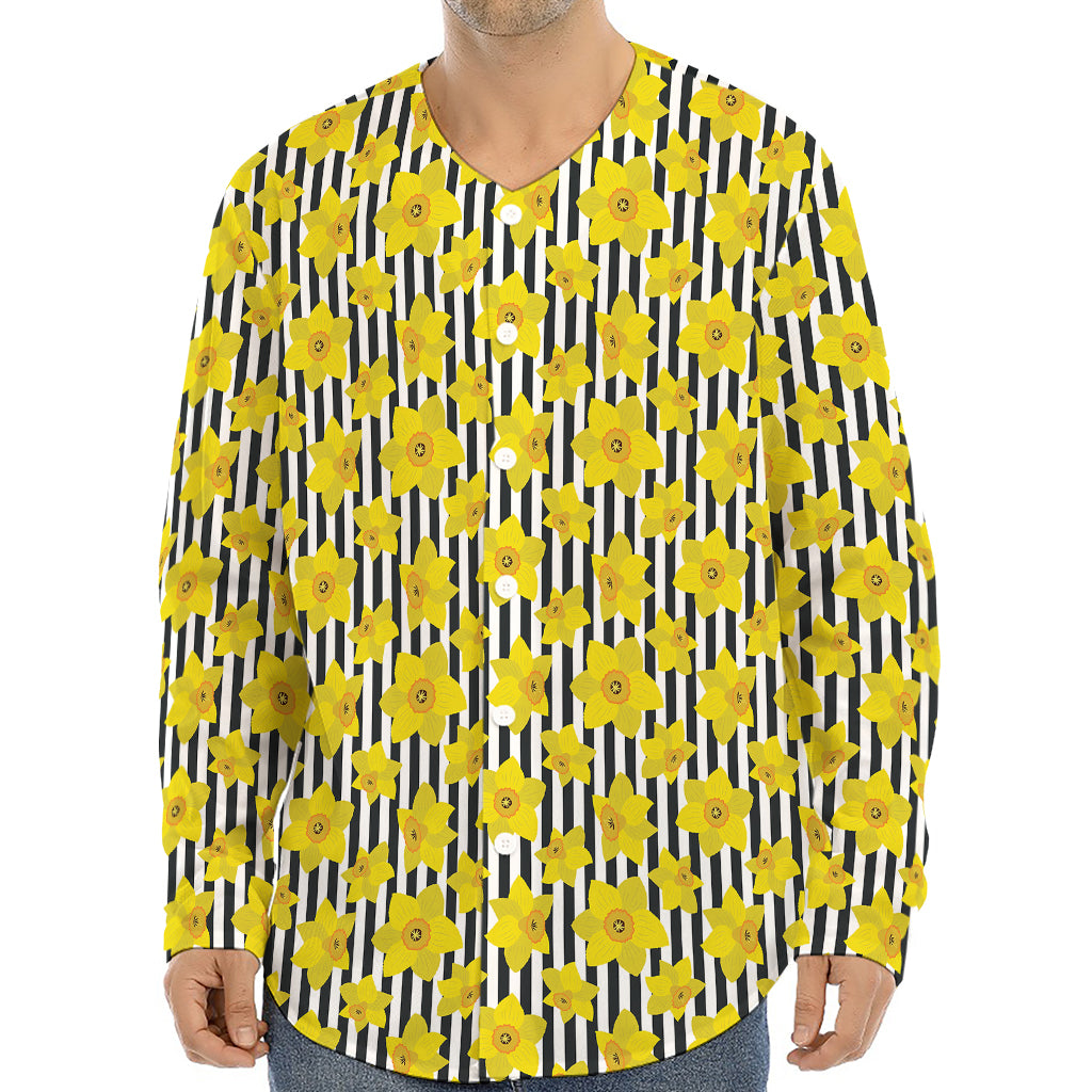 Black Striped Daffodil Pattern Print Long Sleeve Baseball Jersey