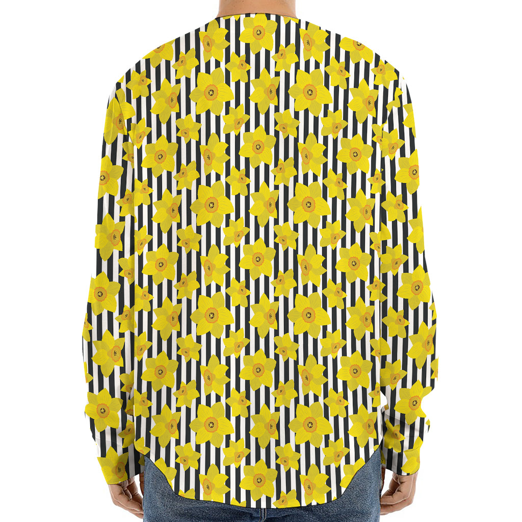 Black Striped Daffodil Pattern Print Long Sleeve Baseball Jersey