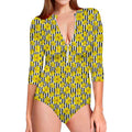 Black Striped Daffodil Pattern Print Long Sleeve Swimsuit