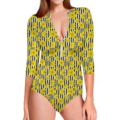 Black Striped Daffodil Pattern Print Long Sleeve Swimsuit
