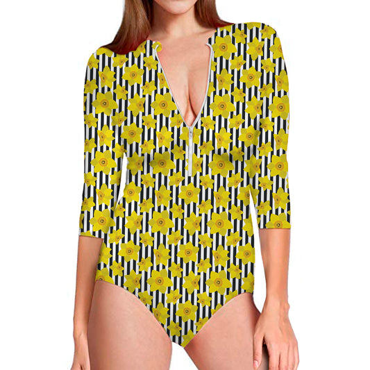 Black Striped Daffodil Pattern Print Long Sleeve Swimsuit